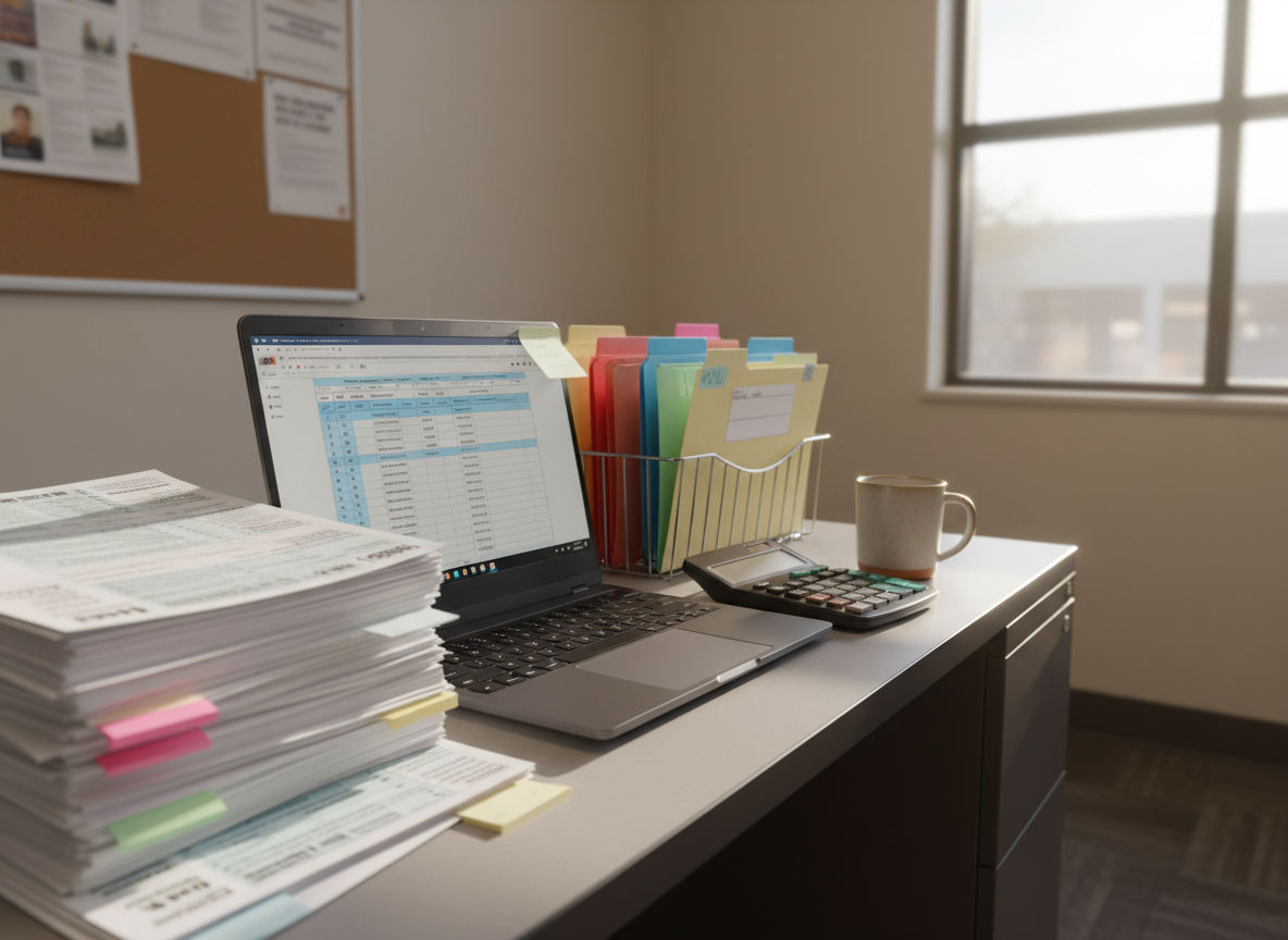 A neatly organized tax preparation desk in a community center office, featuring a stack of blank tax forms, a sleek dark-gray laptop open to a generic financial spreadsheet, and a small desktop calculator with large, clearly labeled buttons. Color-coded file folders are arranged in a simple metal organizer, with a few sticky notes and a neutral-toned ceramic mug adding subtle detail. The setting includes neutral walls, a bulletin board with blurred, unreadable notices, and a window where soft afternoon daylight enters, casting gentle shadows. Photographic realism, shot at eye level with a slight angle across the desk, sharp focus on the workspace and a softly blurred background. The mood is professional, calm, and reassuring, conveying organized, reliable free tax help.