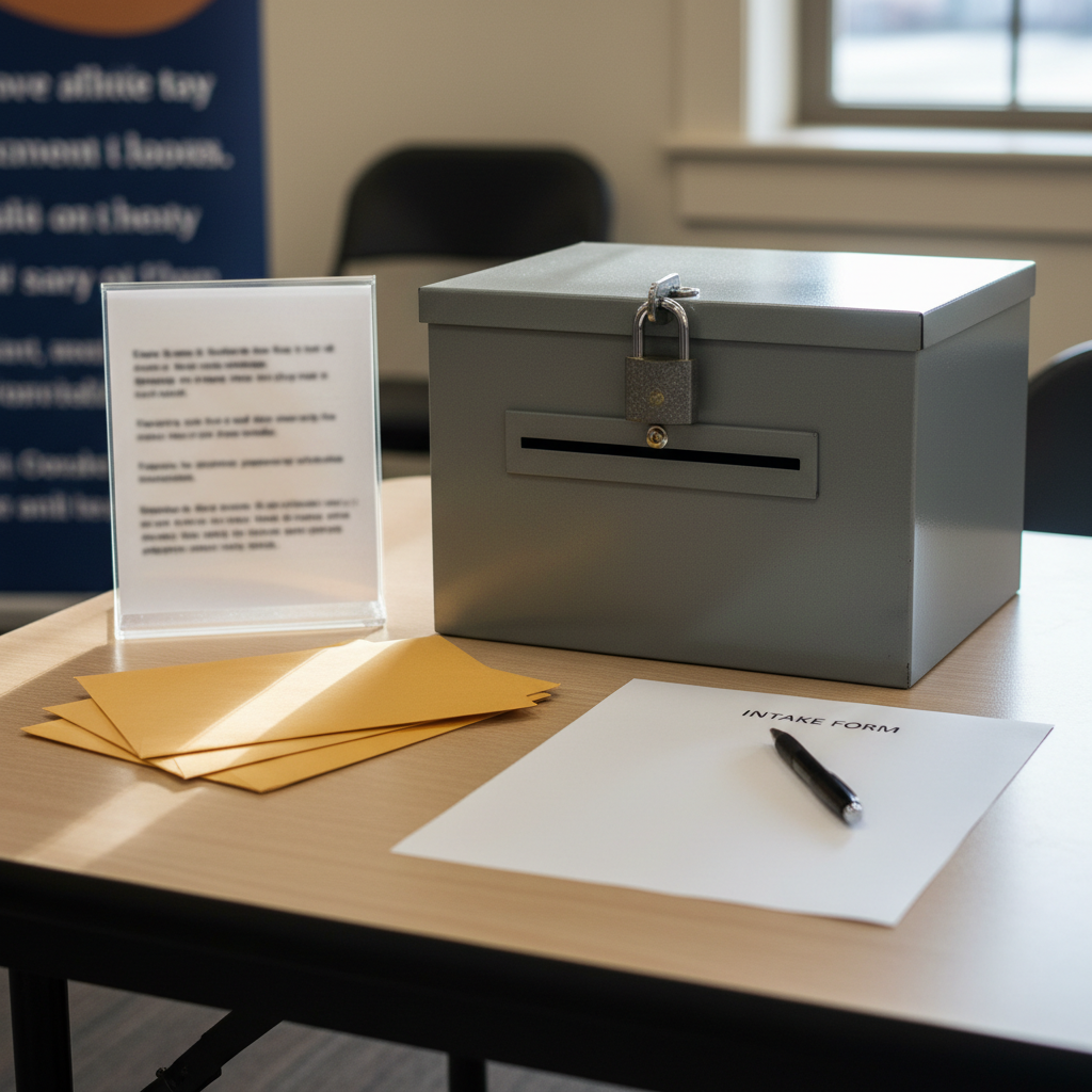A close-up, photographic view of a secure document collection table at a VITA-style community site, featuring a lockable metal drop box with a narrow slot, unmarked manila envelopes partially stacked beside it, and a small sign holder with text deliberately blurred beyond recognition. The tabletop has a light wood grain texture, and a simple ballpoint pen rests on a blank intake sheet. Overhead lighting creates soft reflections on the metal surface, while a nearby window adds gentle, natural illumination, producing subtle highlights and shadows. Shot from a slightly elevated angle with shallow depth of field, emphasizing the security and privacy of the setup. The mood is trustworthy and serious yet approachable, underscoring safe, free tax preparation support.
