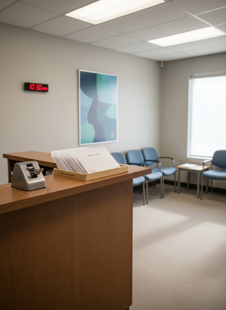 An inviting reception area of a free tax preparation drop-off site, with a sturdy wooden check-in counter, a small number dispenser, and a tray of simple, unbranded intake envelopes ready to be filled with documents. A digital clock and a neutral information poster, intentionally blurred so no text is legible, hang on a light-colored wall. Rows of padded chairs line the waiting area, with a couple of neatly stacked clipboards on a small side table. Soft overhead fluorescent lighting is balanced by diffused daylight from a high window, creating an even, welcoming glow. Photographic realism, wide-angle perspective capturing the whole space, clean and professional atmosphere that feels accessible to all visitors.